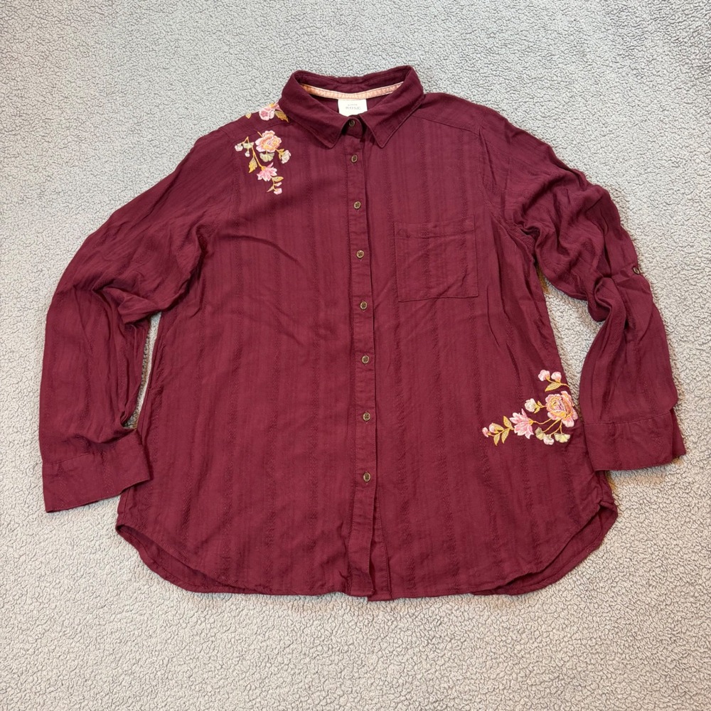 Knox Rose Burgundy Floral Embroidered Rayon Linen Button Down Shirt Womens L